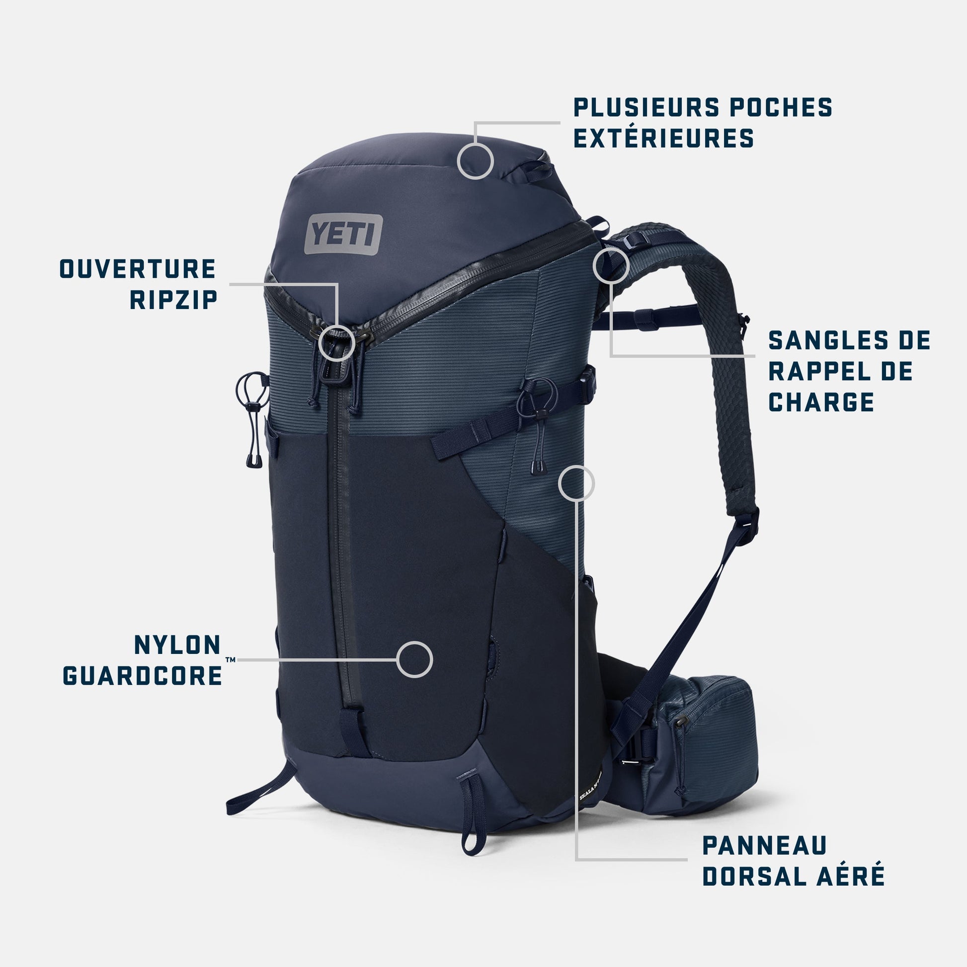 Blue backpack with features labeled on a white background French