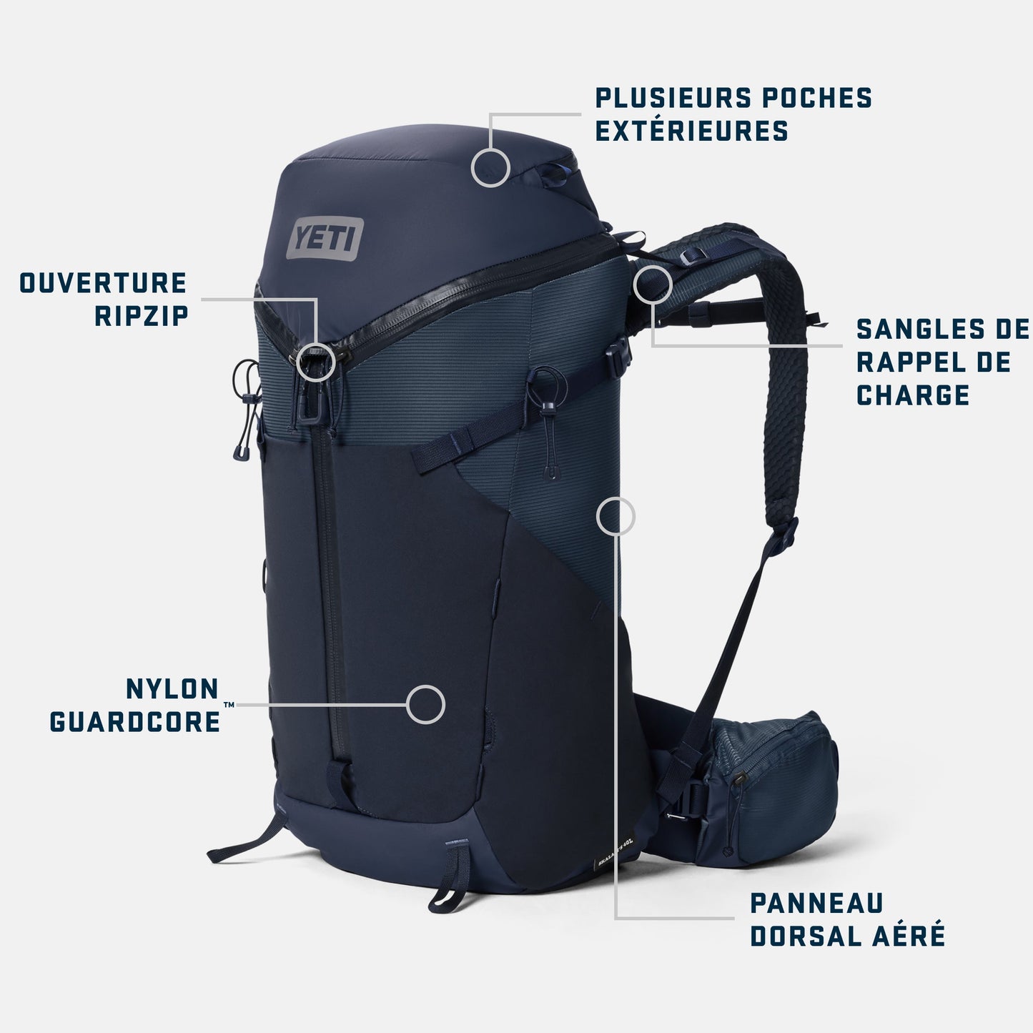 Navy blue backpack with features labeled on a white background French