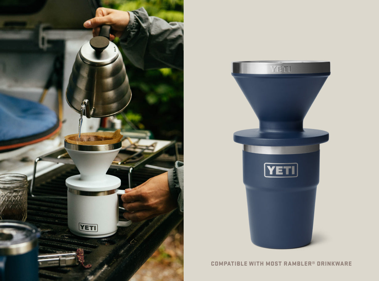 YETI pour over being used outdoors with a close-up of the YETI product on a beige background