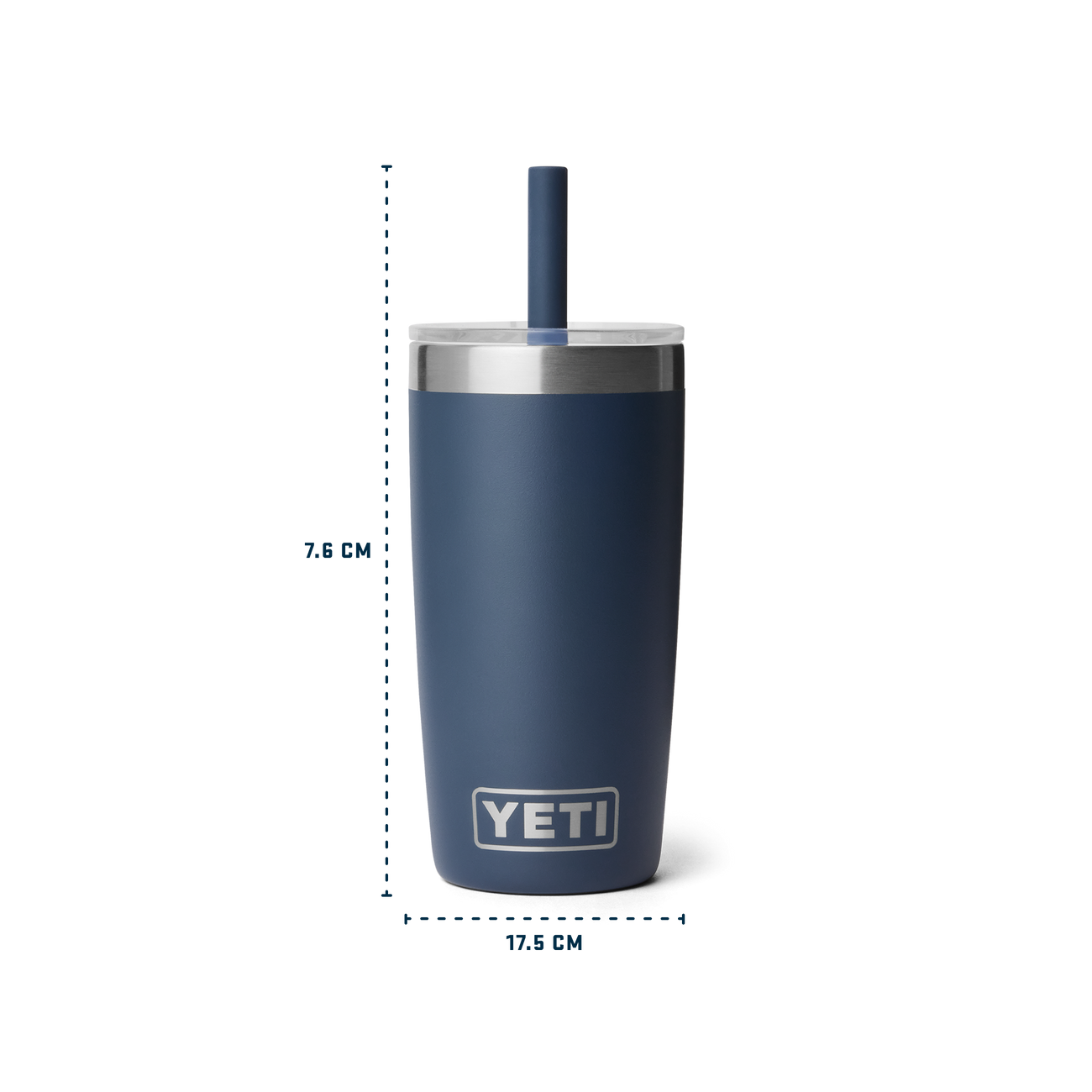 Navy blue YETI tumbler with straw on a white background