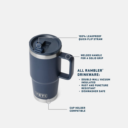 Blue YETI Rambler Travel Straw Mug with features highlighted on a white background