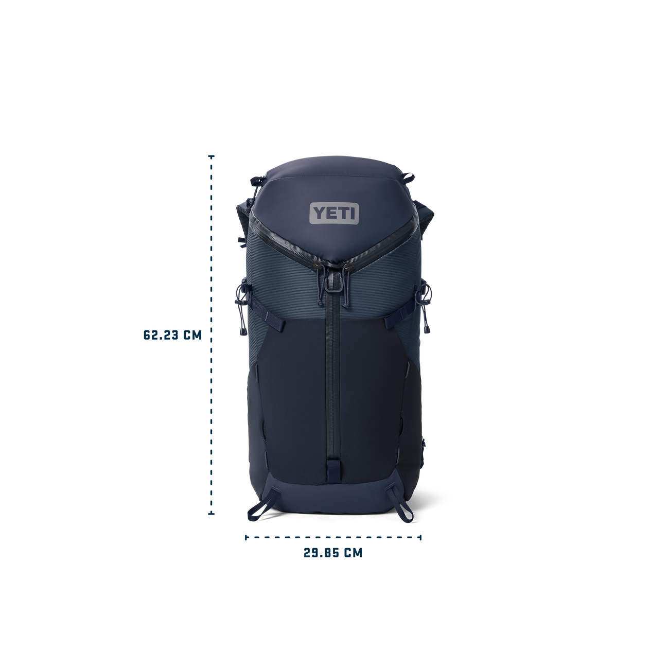 Skala Navy blue YETI backpack with dimensions on a white background