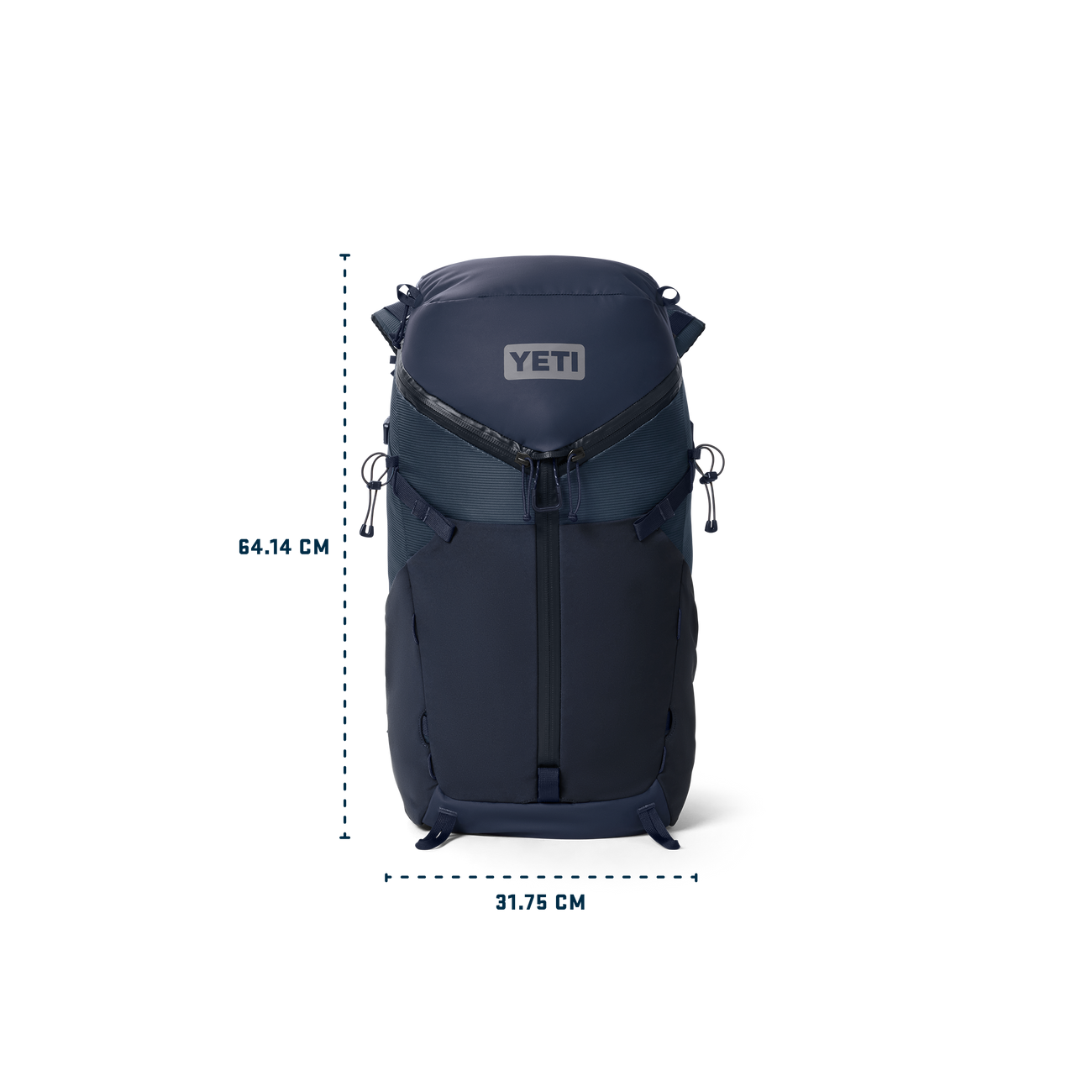 Navy YETI Skala backpack with dimensions on a white background
