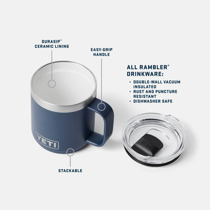 YETI mug with features highlighted on a white background