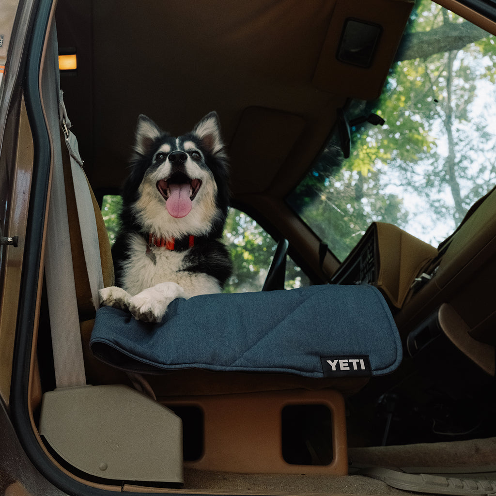 Dog in a car on a YETI small lowlands blanket.