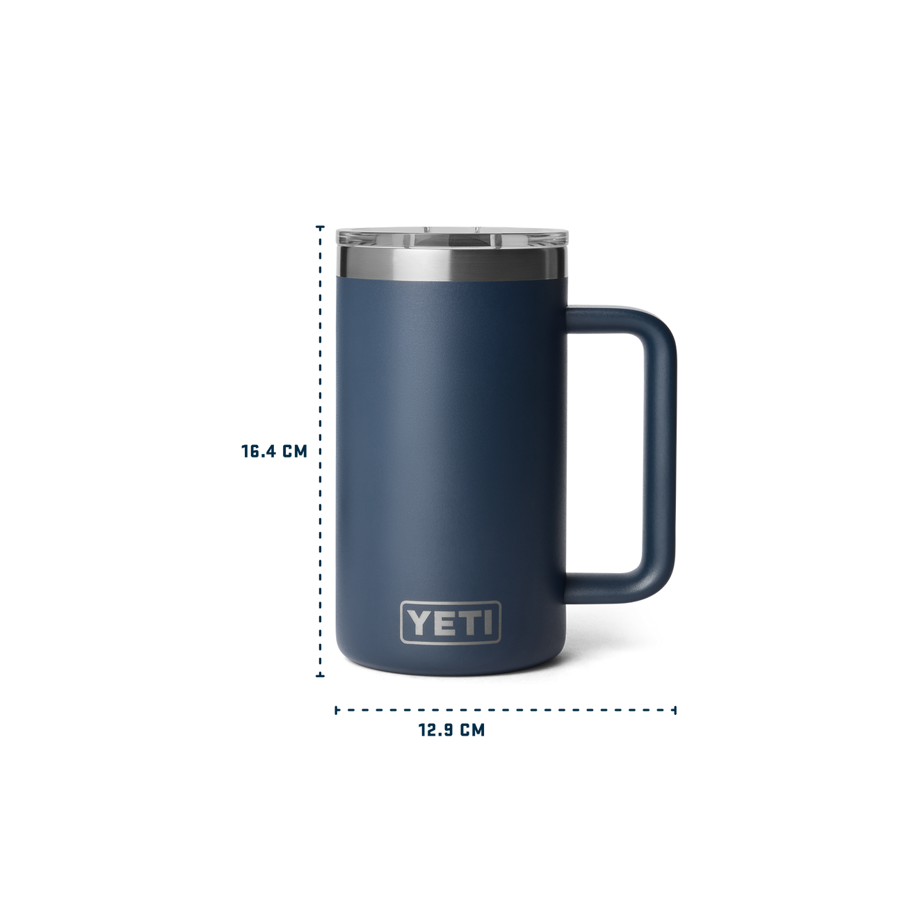 Blue YETI mug with dimensions on a white background