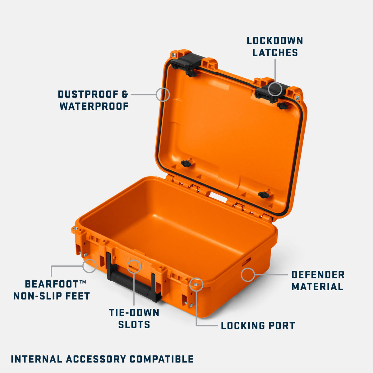 An orange hard-shell protective case shown open on a light gray background, with callout labels pointing to features such as lockdown latches, dustproof and waterproof construction, bearfoot non-slip feet, tie-down slots, locking port, and defender material.