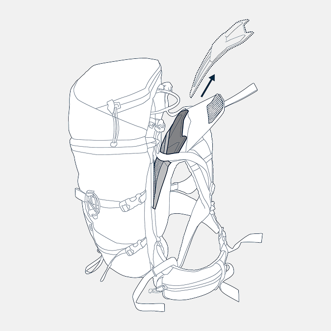 Line drawing of a backpack with a focus on the shoulder straps and back padding.