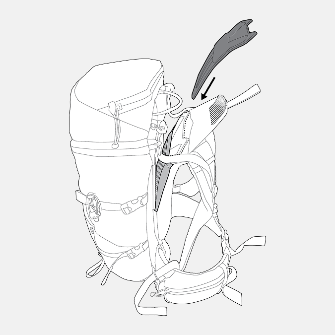 Line drawing of a hiking backpack with a detailed view of the straps and back panel on a light gray background.